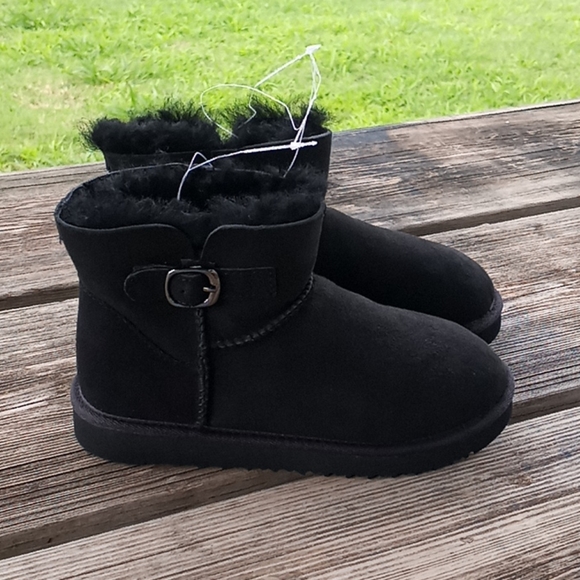 Members Mark Other - Girls Sheepskin Short Buckle Black Boots Size 2